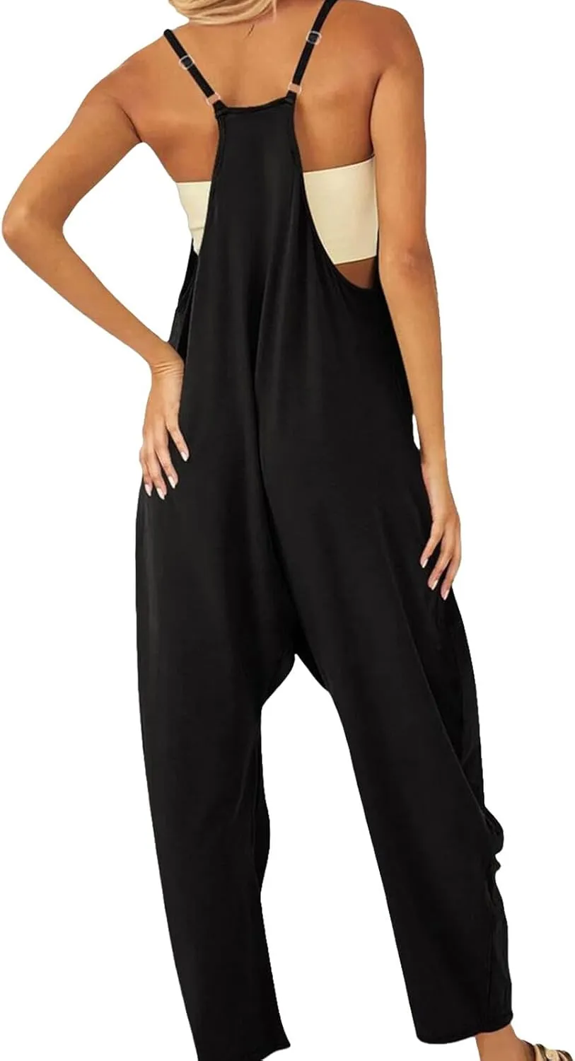 Womens Causal Sleeveless Jumpsuits V Neck Loose Spaghetti Strap Harem Long Pants Overalls One Piece Romper with Pockets