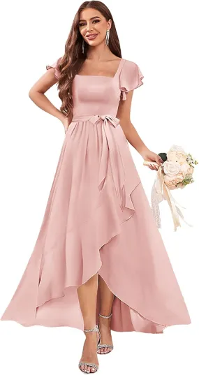 Women's Chiffon Bridesmaid Dresses Ruffle Sleeve A Line Long Evening Formal Party Dress with Slit