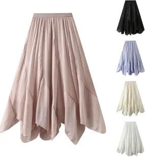 Women's Chiffon Flowy Long Skirt Asymmetrical Hem Elastic Waist Beach Skirts Lightweight Summer Casual Maxi Dress