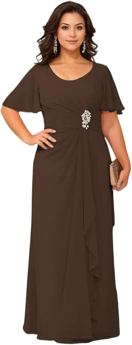 Women's Chiffon Mother of The Bride Dresses with Flutter Sleeves 2025 Ruffles A line Formal Evening Gowns