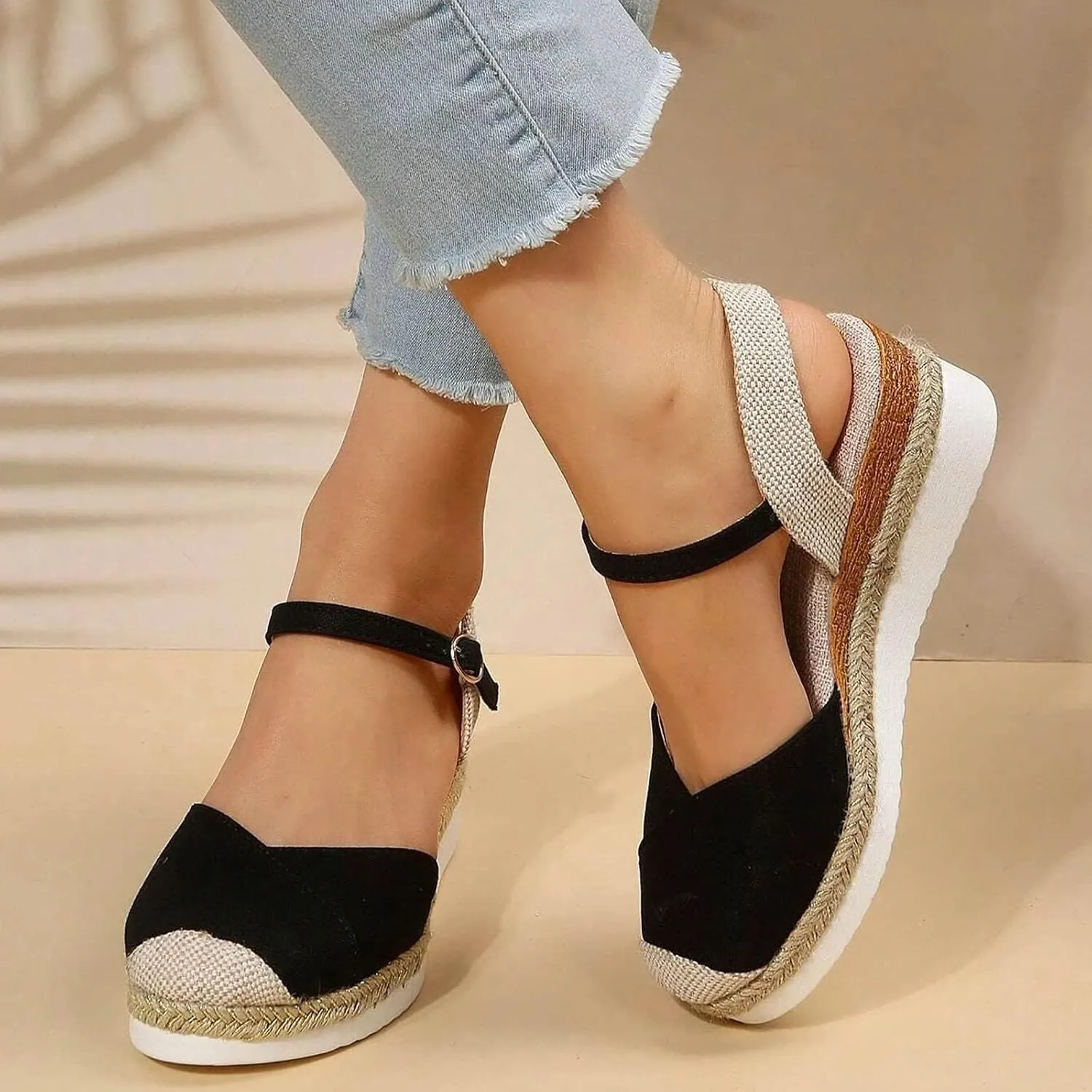 Women's Closed Toe Elastic Ankle Strap Espadrilles Wedge Sandals Summer Espadrilles Orthopedic Platform Buckle Ankle Strap Sandal Casual Flat Strappy Slip on Comfortable Beach Boho Outdoor Cool Shoes