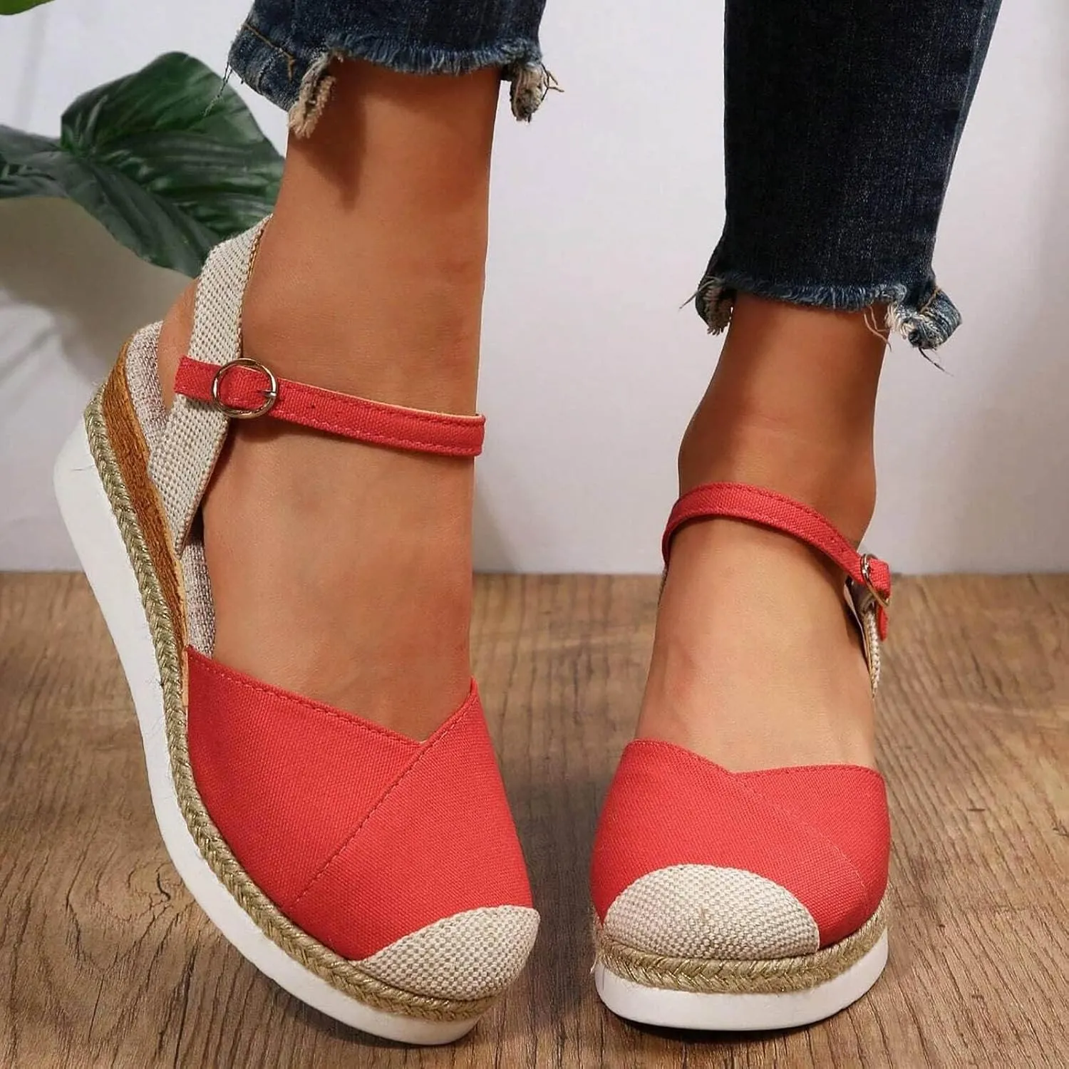 Women's Closed Toe Elastic Ankle Strap Espadrilles Wedge Sandals Summer Espadrilles Orthopedic Platform Buckle Ankle Strap Sandal Casual Flat Strappy Slip on Comfortable Beach Boho Outdoor Cool Shoes