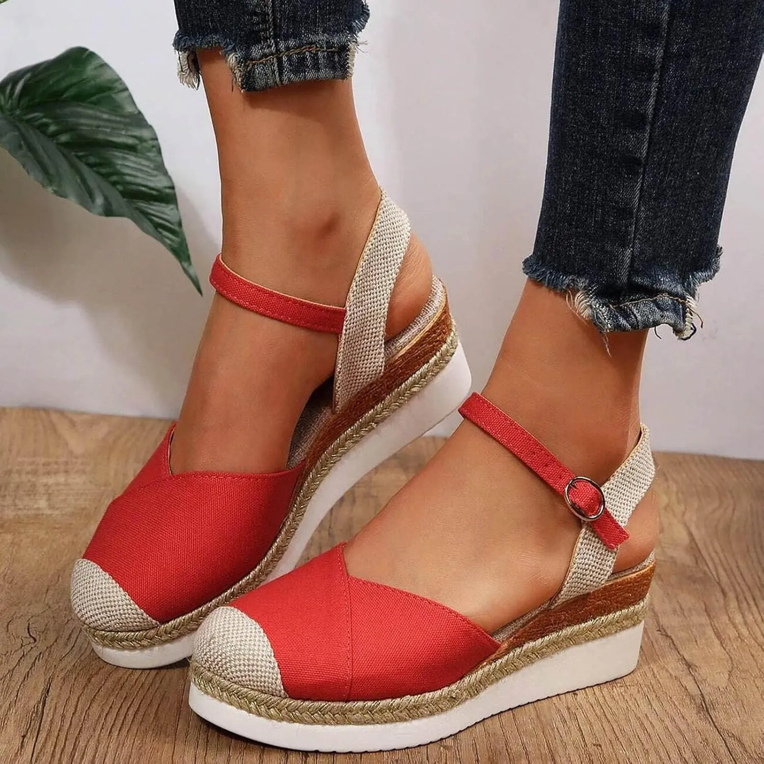 Women's Closed Toe Elastic Ankle Strap Espadrilles Wedge Sandals Summer Espadrilles Orthopedic Platform Buckle Ankle Strap Sandal Casual Flat Strappy Slip on Comfortable Beach Boho Outdoor Cool Shoes