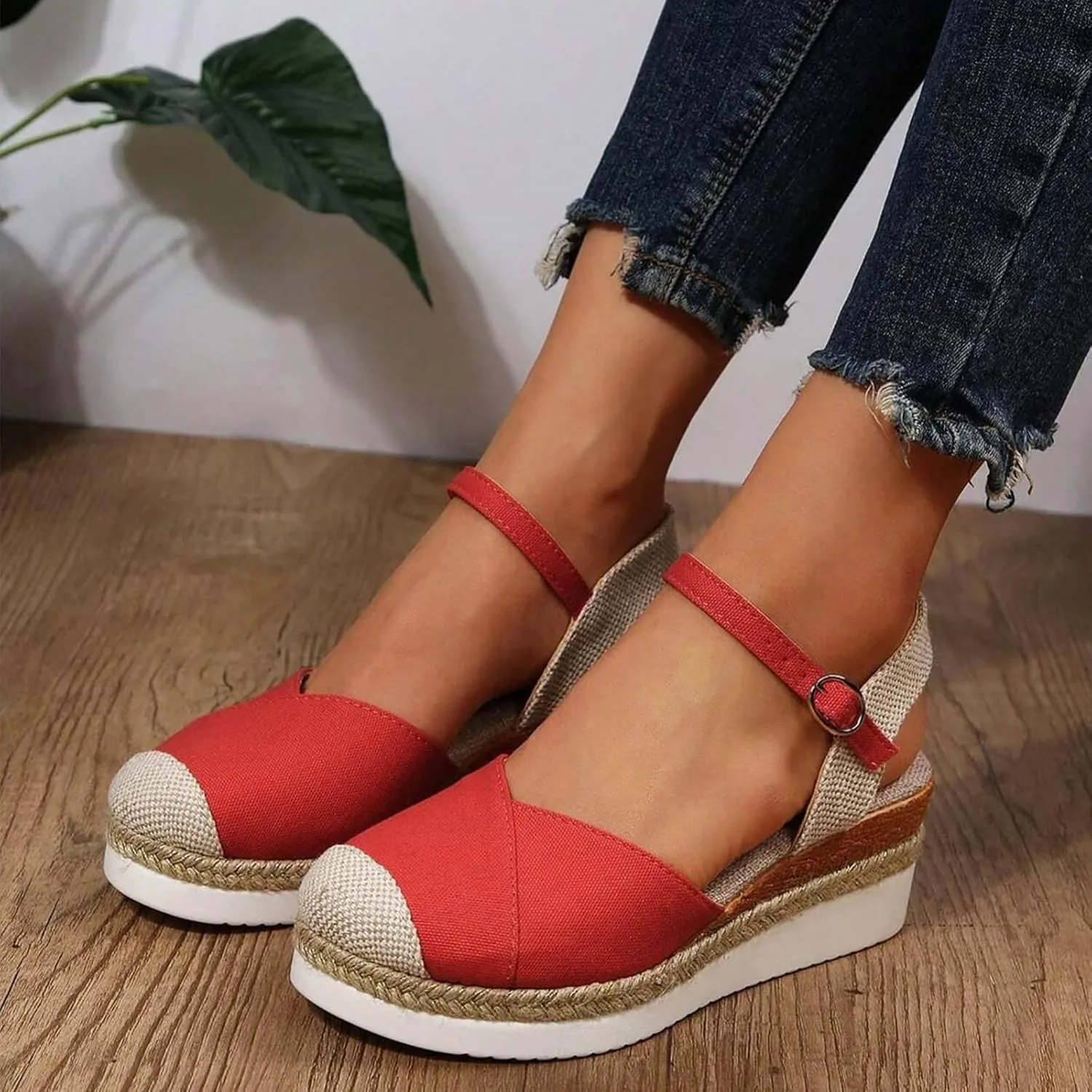 Women's Closed Toe Elastic Ankle Strap Espadrilles Wedge Sandals Summer Espadrilles Orthopedic Platform Buckle Ankle Strap Sandal Casual Flat Strappy Slip on Comfortable Beach Boho Outdoor Cool Shoes