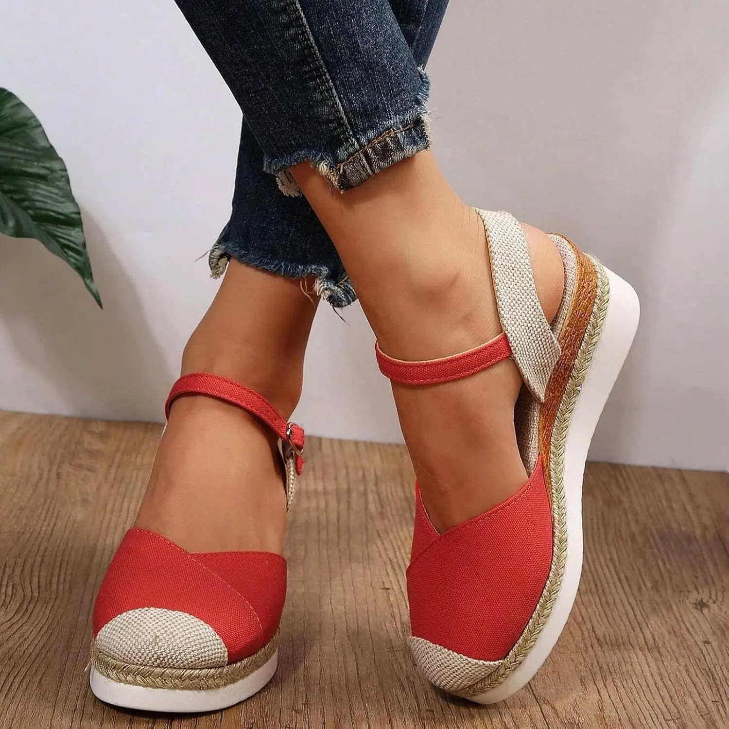 Women's Closed Toe Elastic Ankle Strap Espadrilles Wedge Sandals Summer Espadrilles Orthopedic Platform Buckle Ankle Strap Sandal Casual Flat Strappy Slip on Comfortable Beach Boho Outdoor Cool Shoes