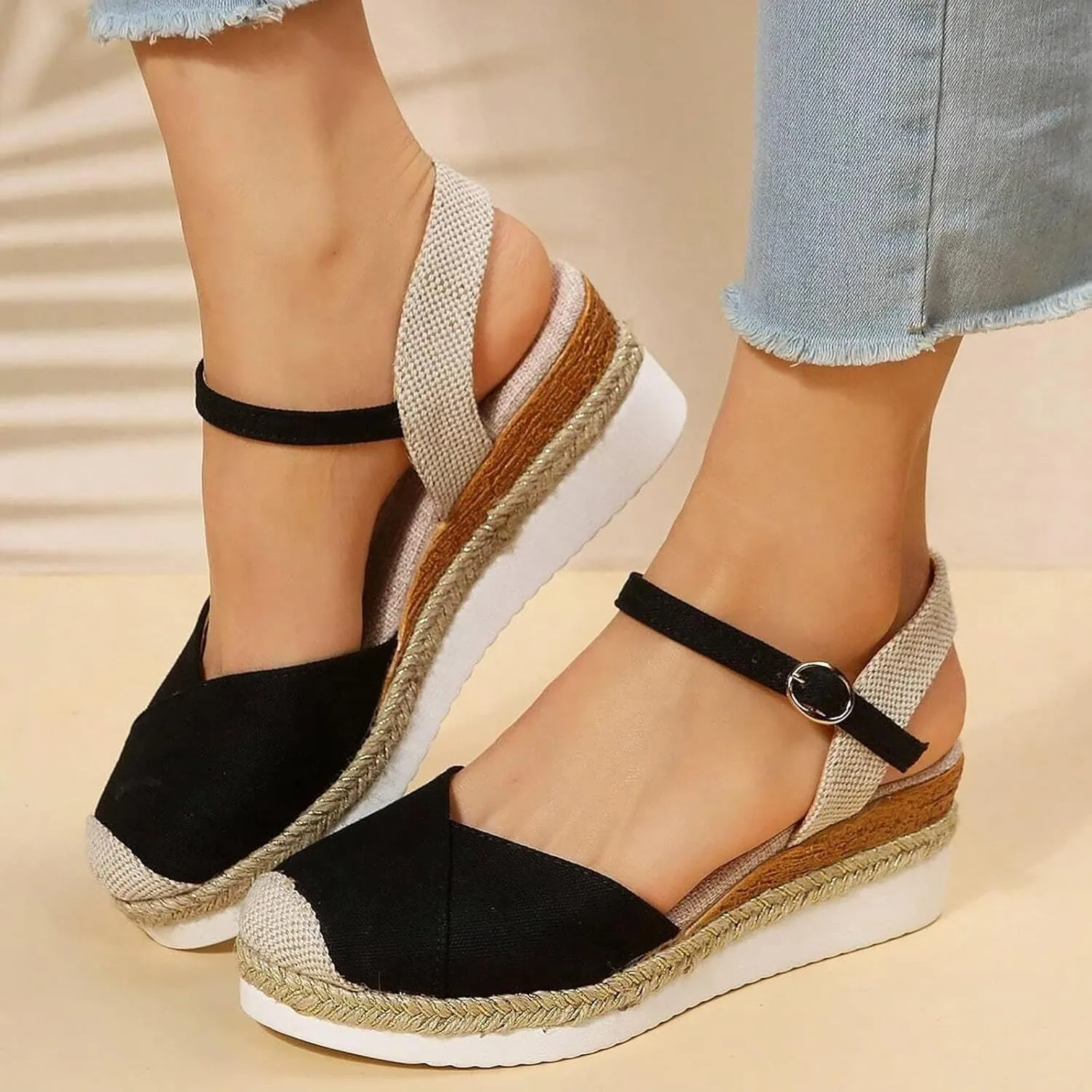 Women's Closed Toe Elastic Ankle Strap Espadrilles Wedge Sandals Summer Espadrilles Orthopedic Platform Buckle Ankle Strap Sandal Casual Flat Strappy Slip on Comfortable Beach Boho Outdoor Cool Shoes
