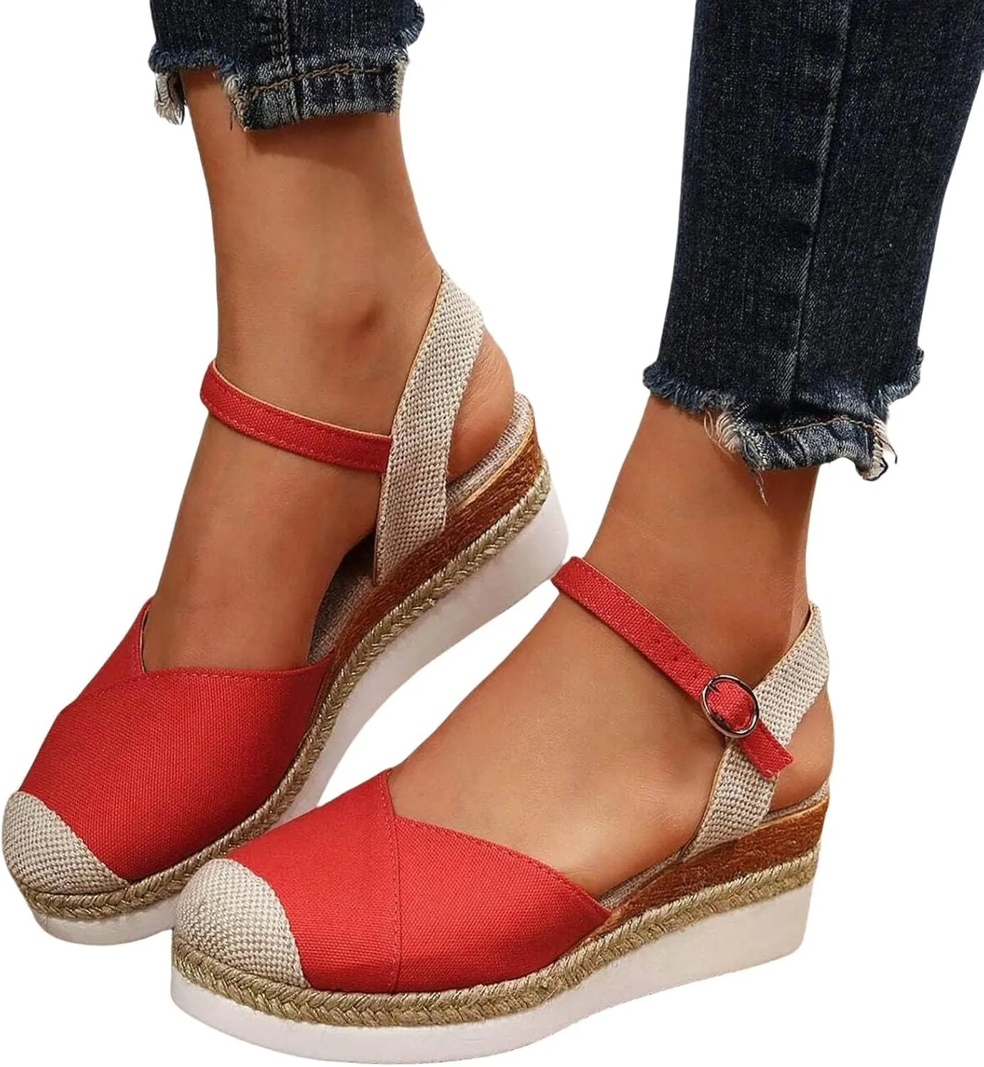 Women's Closed Toe Elastic Ankle Strap Espadrilles Wedge Sandals Summer Espadrilles Orthopedic Platform Buckle Ankle Strap Sandal Casual Flat Strappy Slip on Comfortable Beach Boho Outdoor Cool Shoes