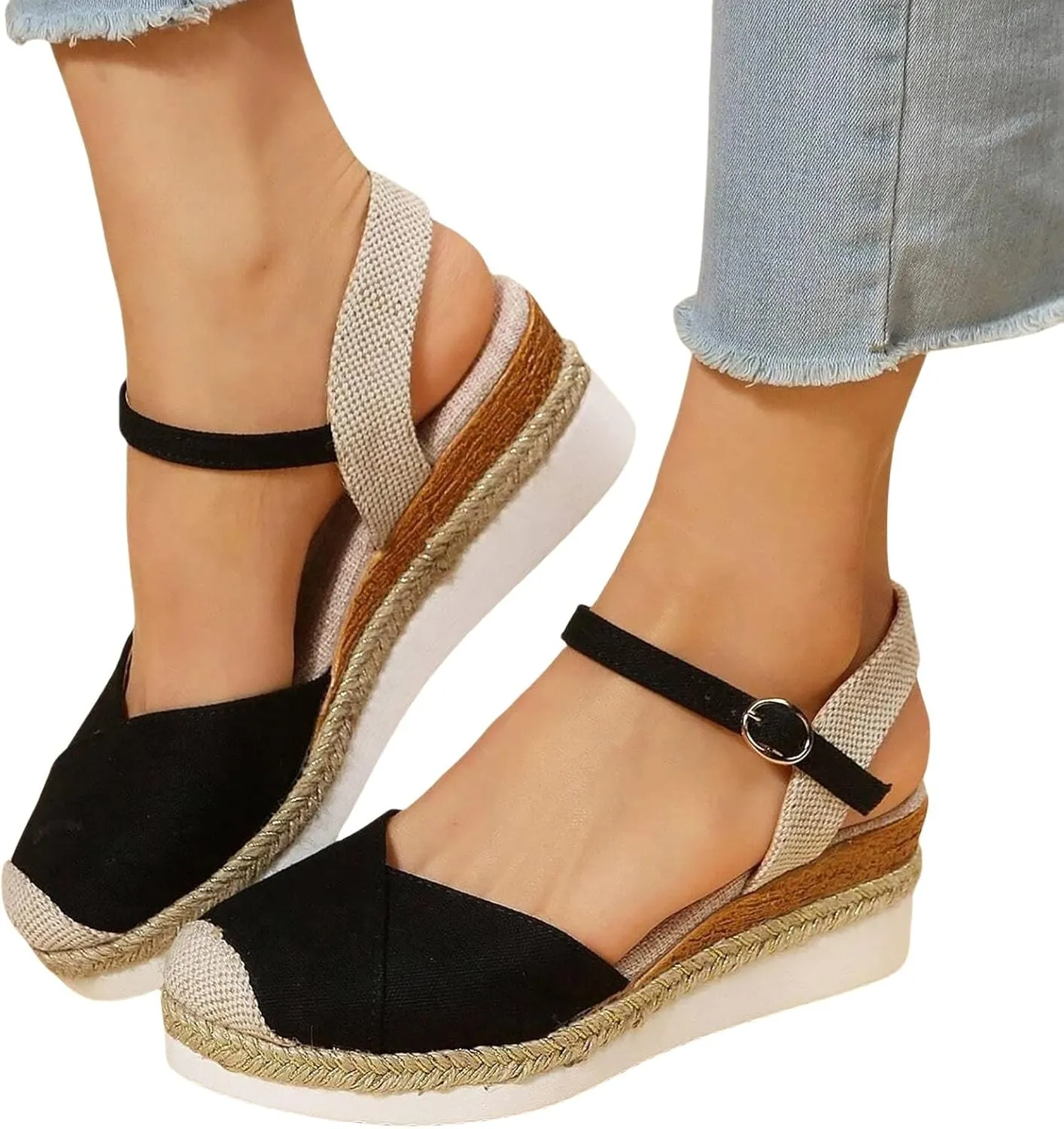 Women's Closed Toe Elastic Ankle Strap Espadrilles Wedge Sandals Summer Espadrilles Orthopedic Platform Buckle Ankle Strap Sandal Casual Flat Strappy Slip on Comfortable Beach Boho Outdoor Cool Shoes
