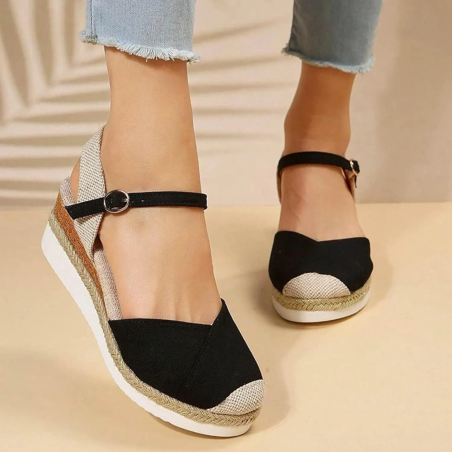 Women's Closed Toe Elastic Ankle Strap Espadrilles Wedge Sandals Summer Espadrilles Orthopedic Platform Buckle Ankle Strap Sandal Casual Flat Strappy Slip on Comfortable Beach Boho Outdoor Cool Shoes