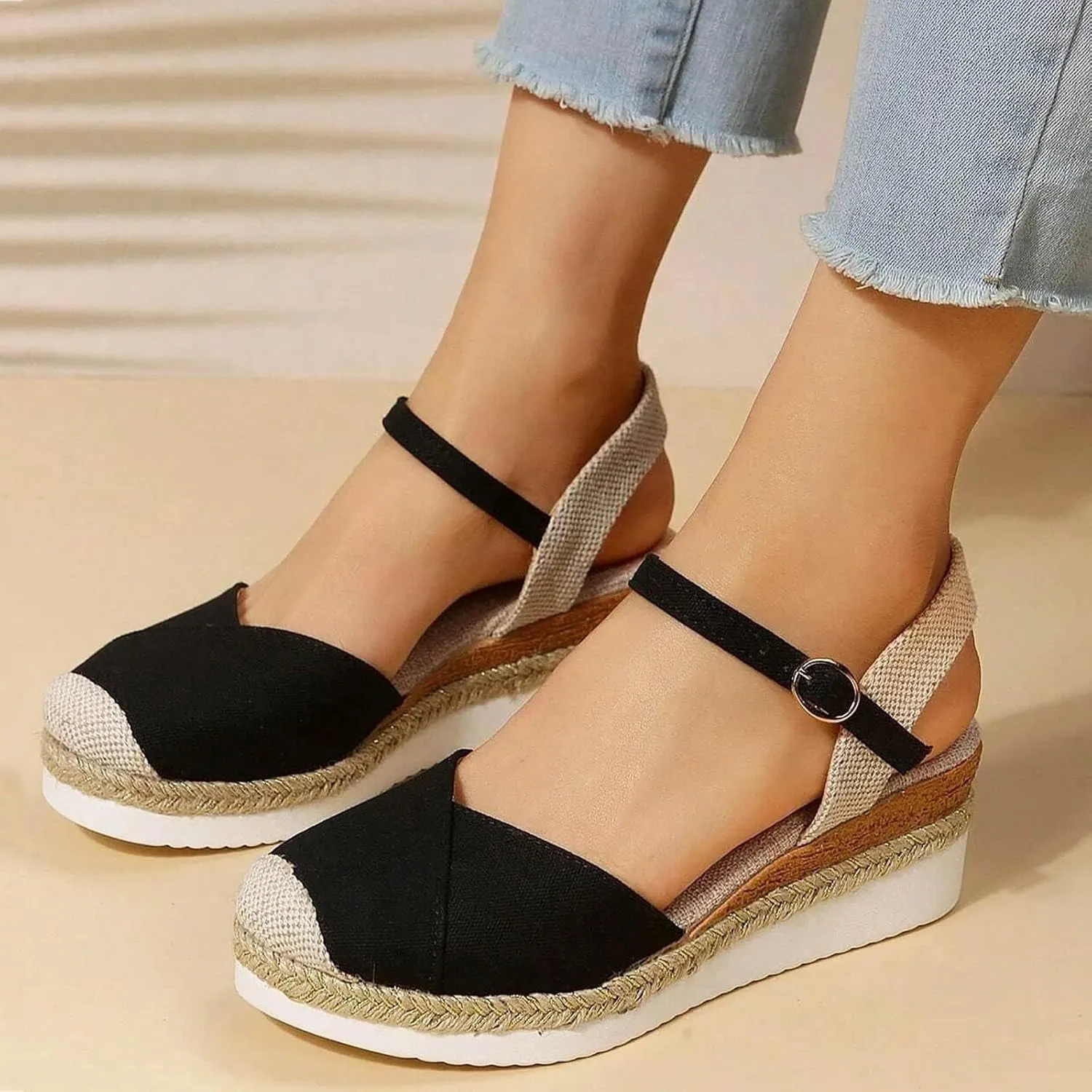 Women's Closed Toe Elastic Ankle Strap Espadrilles Wedge Sandals Summer Espadrilles Orthopedic Platform Buckle Ankle Strap Sandal Casual Flat Strappy Slip on Comfortable Beach Boho Outdoor Cool Shoes