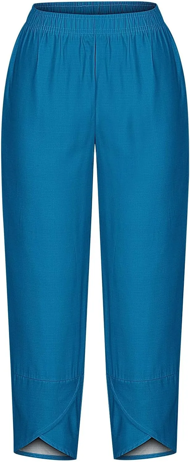 Womens Cotton Linen Cropped Pants 3/4 Length Pants Ladies Lounge Trousers Pedal Pushers Baggy Comfy Harem Pants