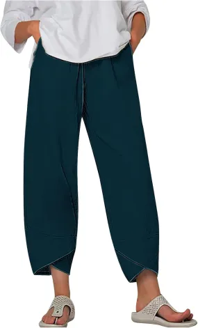 Womens Cotton Linen Cropped Pants 3/4 Length Pants Ladies Lounge Trousers Pedal Pushers Baggy Comfy Harem Pants