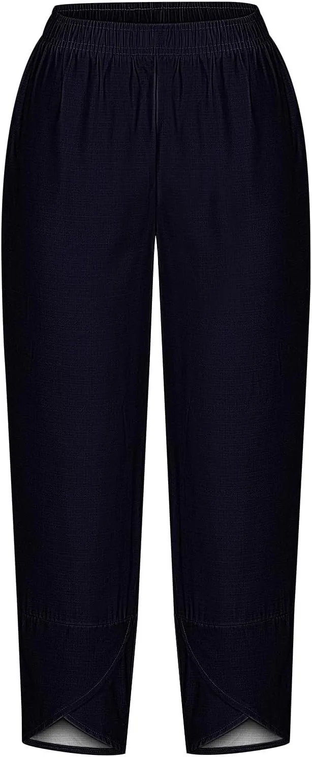 Womens Cotton Linen Cropped Pants 3/4 Length Pants Ladies Lounge Trousers Pedal Pushers Baggy Comfy Harem Pants