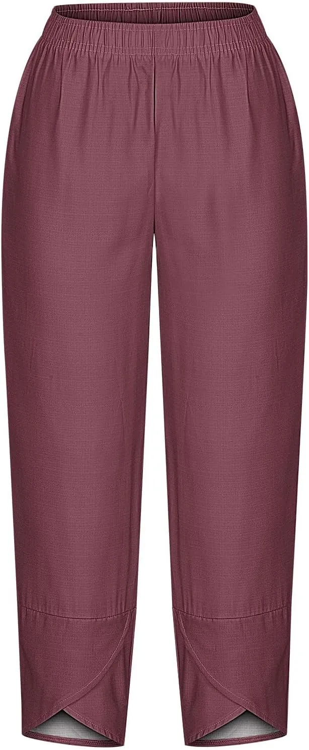 Womens Cotton Linen Cropped Pants 3/4 Length Pants Ladies Lounge Trousers Pedal Pushers Baggy Comfy Harem Pants