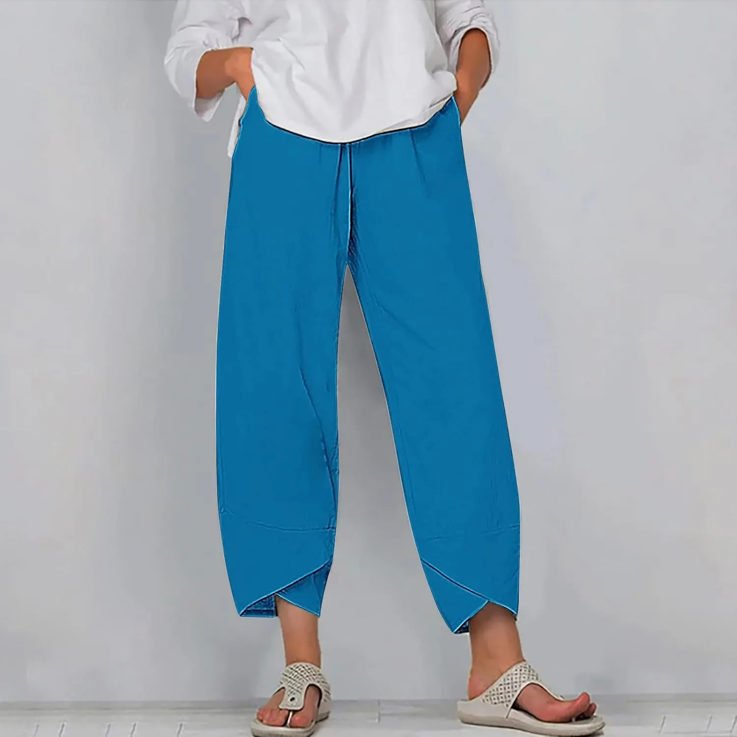 Womens Cotton Linen Cropped Pants 3/4 Length Pants Ladies Lounge Trousers Pedal Pushers Baggy Comfy Harem Pants