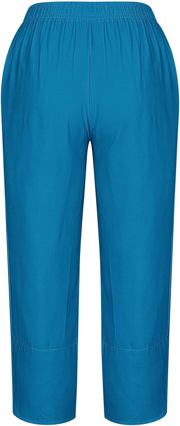 Womens Cotton Linen Cropped Pants 3/4 Length Pants Ladies Lounge Trousers Pedal Pushers Baggy Comfy Harem Pants