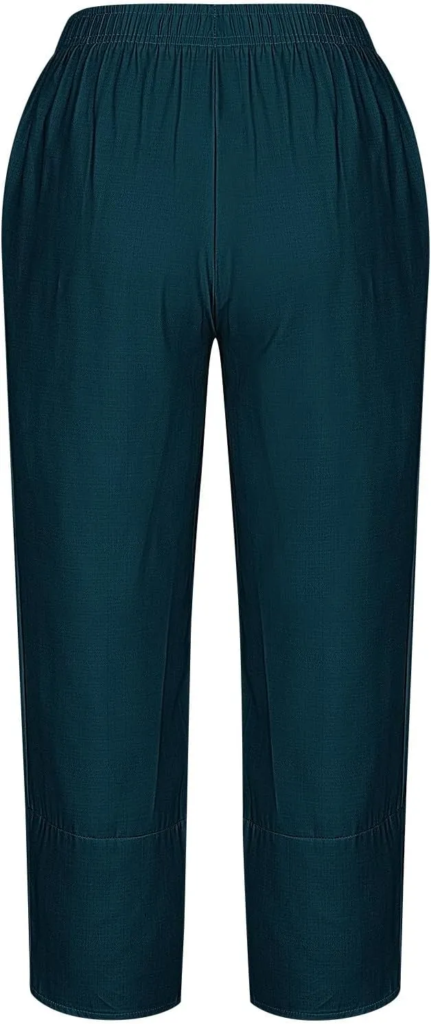 Womens Cotton Linen Cropped Pants 3/4 Length Pants Ladies Lounge Trousers Pedal Pushers Baggy Comfy Harem Pants
