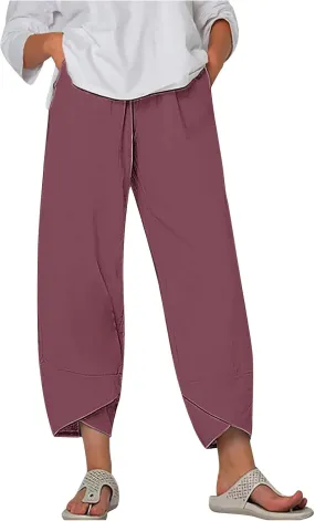 Womens Cotton Linen Cropped Pants 3/4 Length Pants Ladies Lounge Trousers Pedal Pushers Baggy Comfy Harem Pants