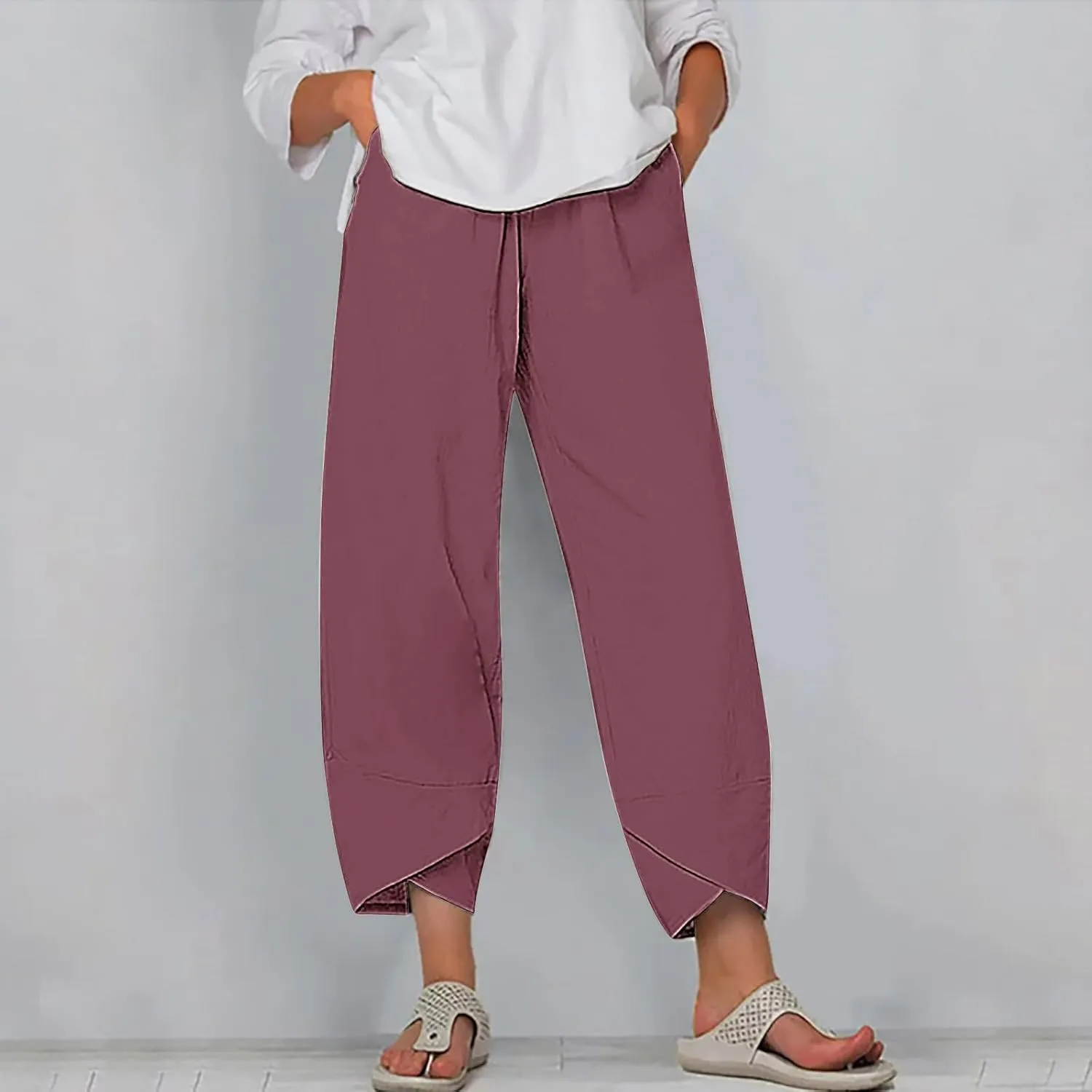 Womens Cotton Linen Cropped Pants 3/4 Length Pants Ladies Lounge Trousers Pedal Pushers Baggy Comfy Harem Pants