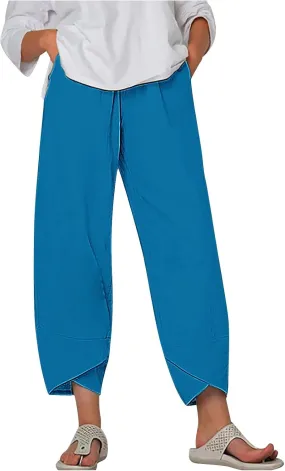 Womens Cotton Linen Cropped Pants 3/4 Length Pants Ladies Lounge Trousers Pedal Pushers Baggy Comfy Harem Pants