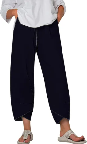 Womens Cotton Linen Cropped Pants 3/4 Length Pants Ladies Lounge Trousers Pedal Pushers Baggy Comfy Harem Pants