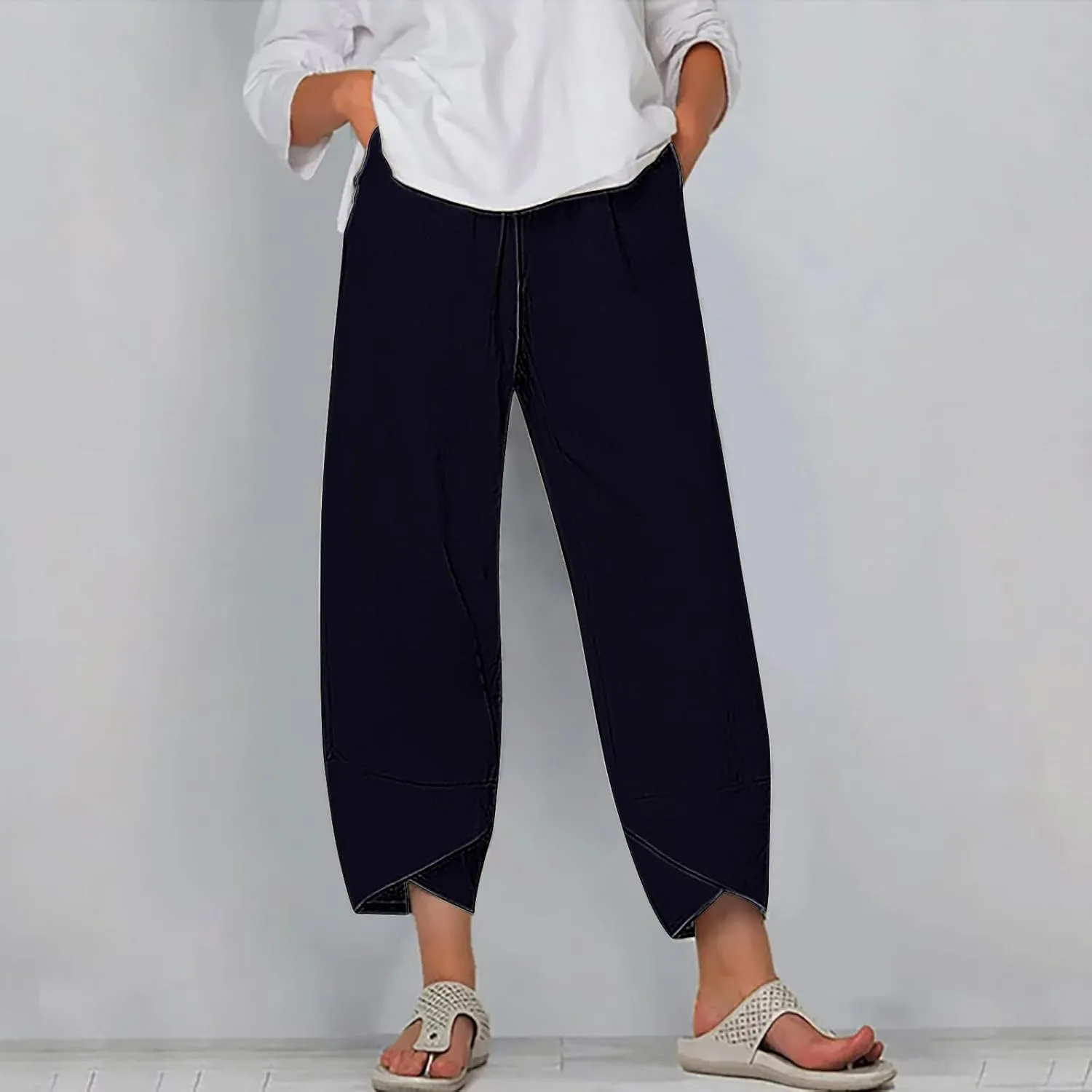 Womens Cotton Linen Cropped Pants 3/4 Length Pants Ladies Lounge Trousers Pedal Pushers Baggy Comfy Harem Pants