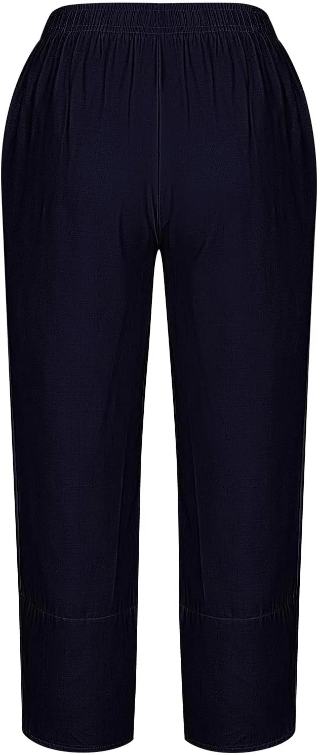 Womens Cotton Linen Cropped Pants 3/4 Length Pants Ladies Lounge Trousers Pedal Pushers Baggy Comfy Harem Pants