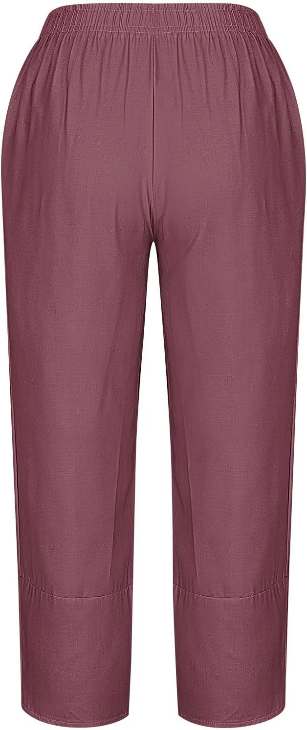 Womens Cotton Linen Cropped Pants 3/4 Length Pants Ladies Lounge Trousers Pedal Pushers Baggy Comfy Harem Pants