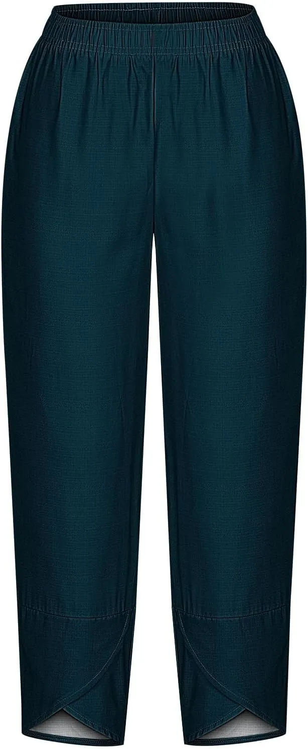 Womens Cotton Linen Cropped Pants 3/4 Length Pants Ladies Lounge Trousers Pedal Pushers Baggy Comfy Harem Pants
