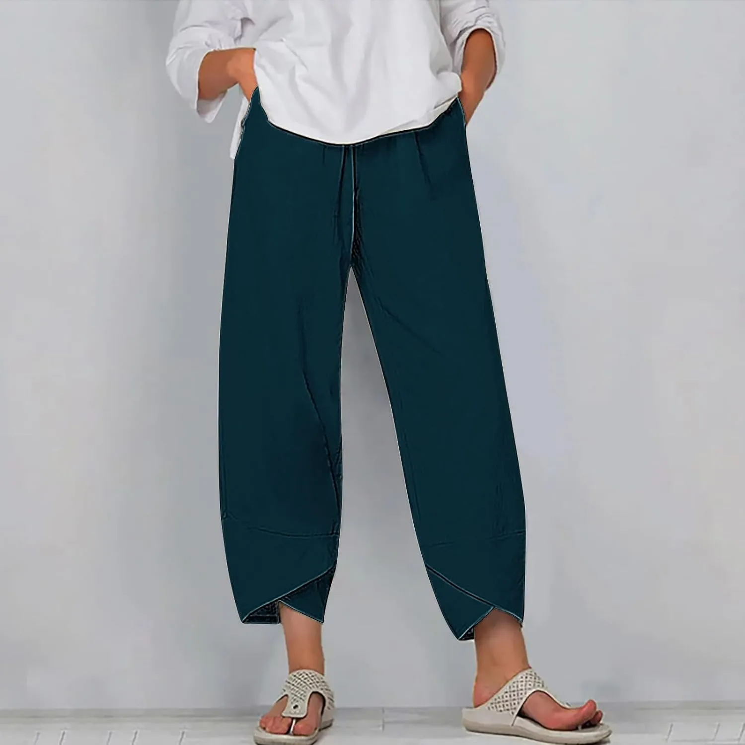Womens Cotton Linen Cropped Pants 3/4 Length Pants Ladies Lounge Trousers Pedal Pushers Baggy Comfy Harem Pants