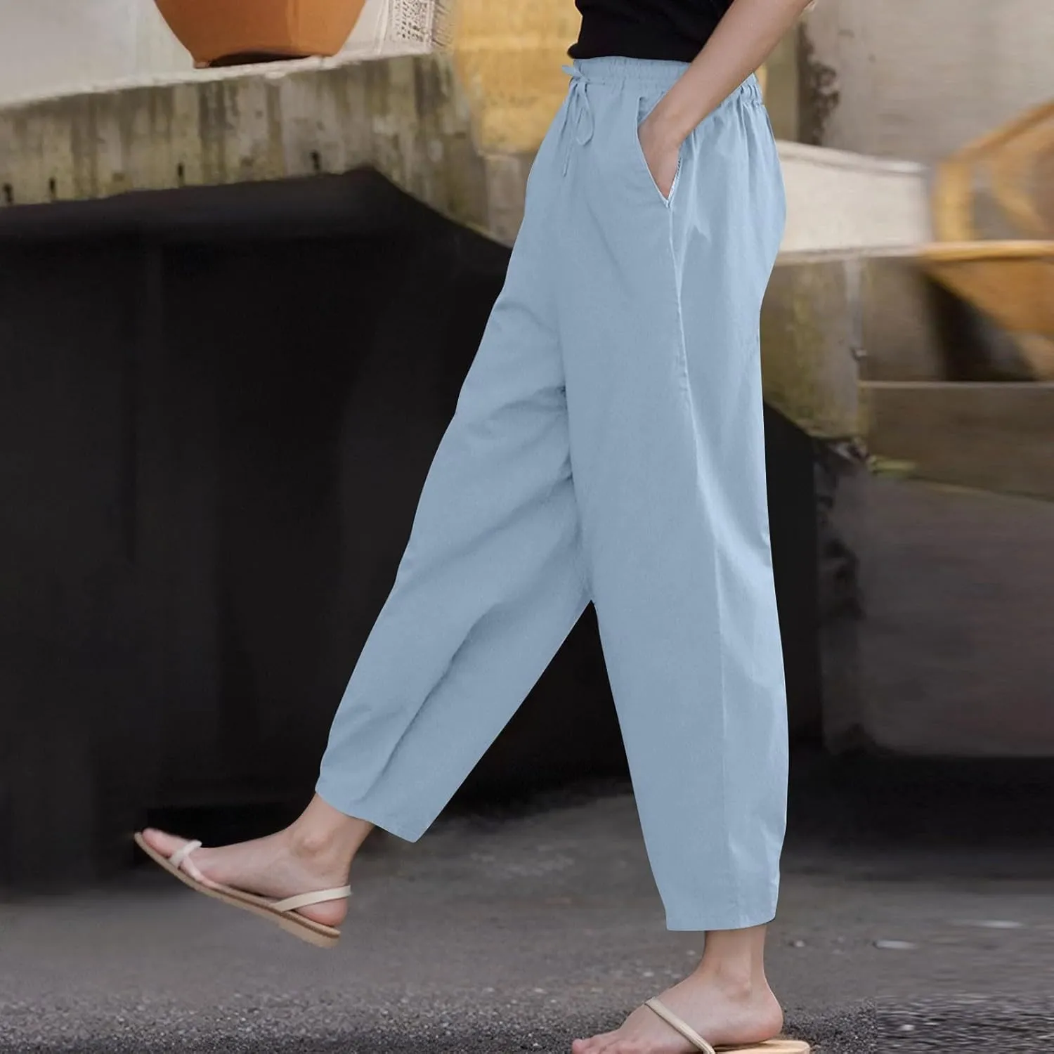 Womens Cotton Linen Palazzo Pants Drawstring Elastic Waist Casual Beach Pants Summer Wide Leg Trousers with Pockets