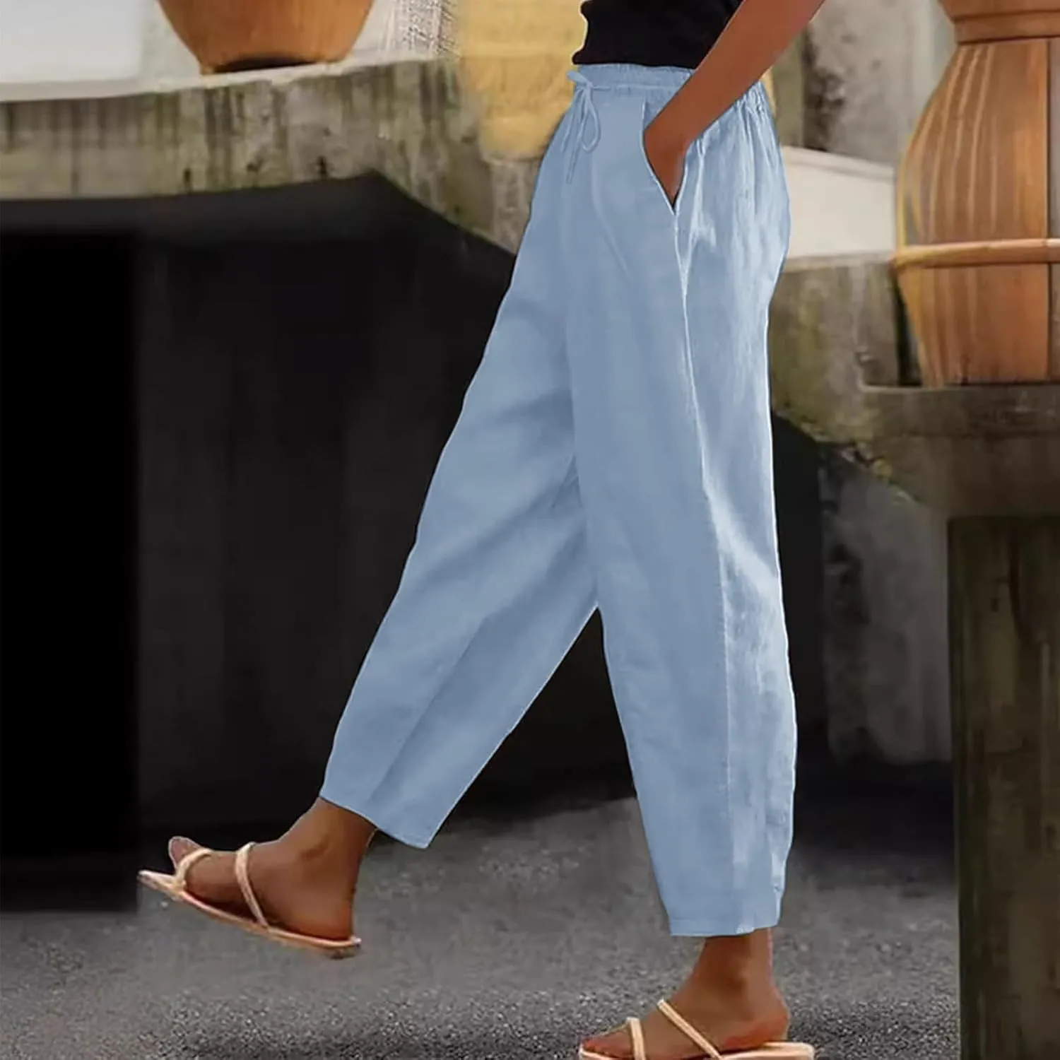 Womens Cotton Linen Palazzo Pants Drawstring Elastic Waist Casual Beach Pants Summer Wide Leg Trousers with Pockets