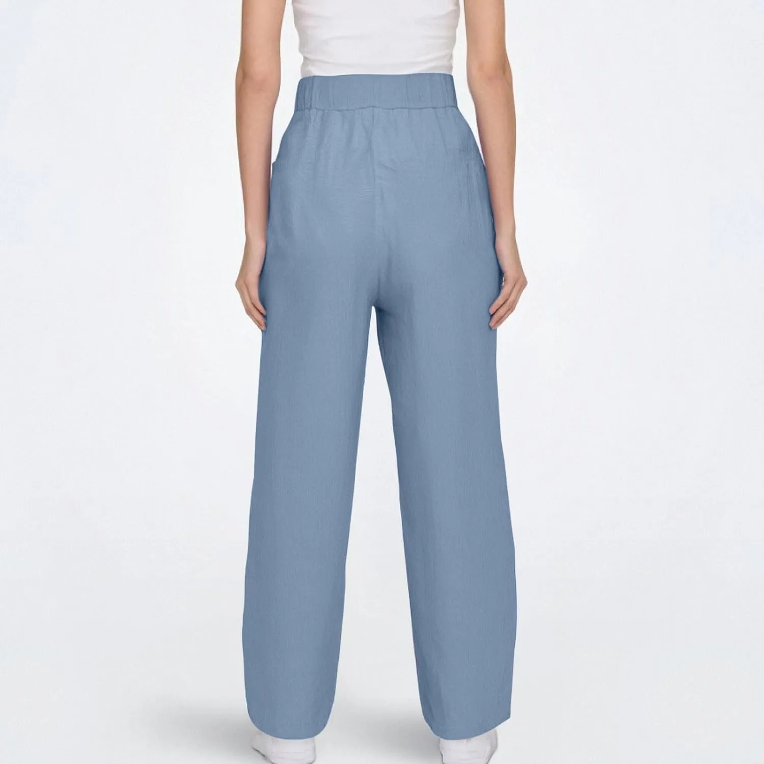 Womens Cotton Linen Palazzo Pants Drawstring Elastic Waist Casual Beach Pants Summer Wide Leg Trousers with Pockets