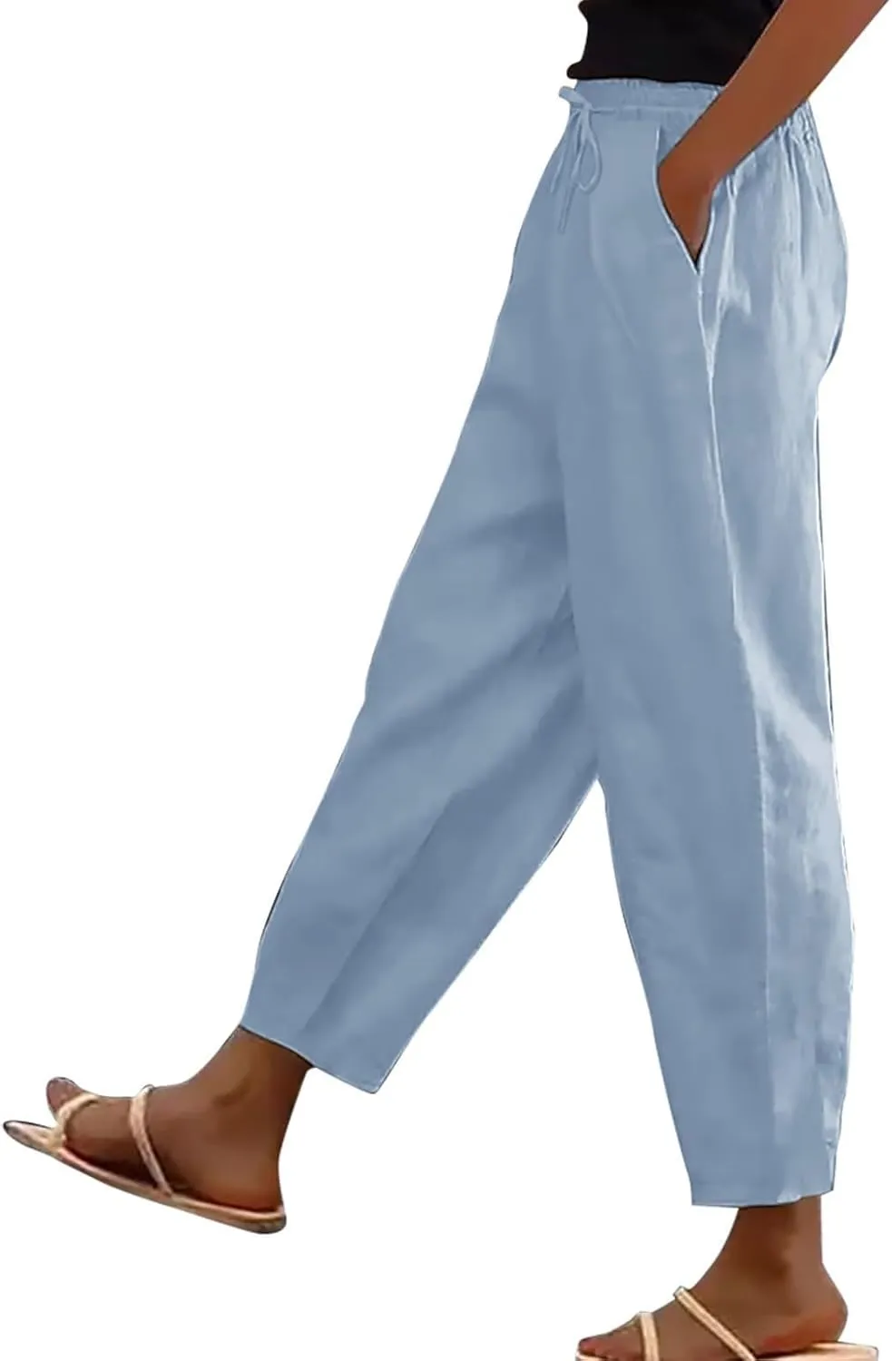 Womens Cotton Linen Palazzo Pants Drawstring Elastic Waist Casual Beach Pants Summer Wide Leg Trousers with Pockets