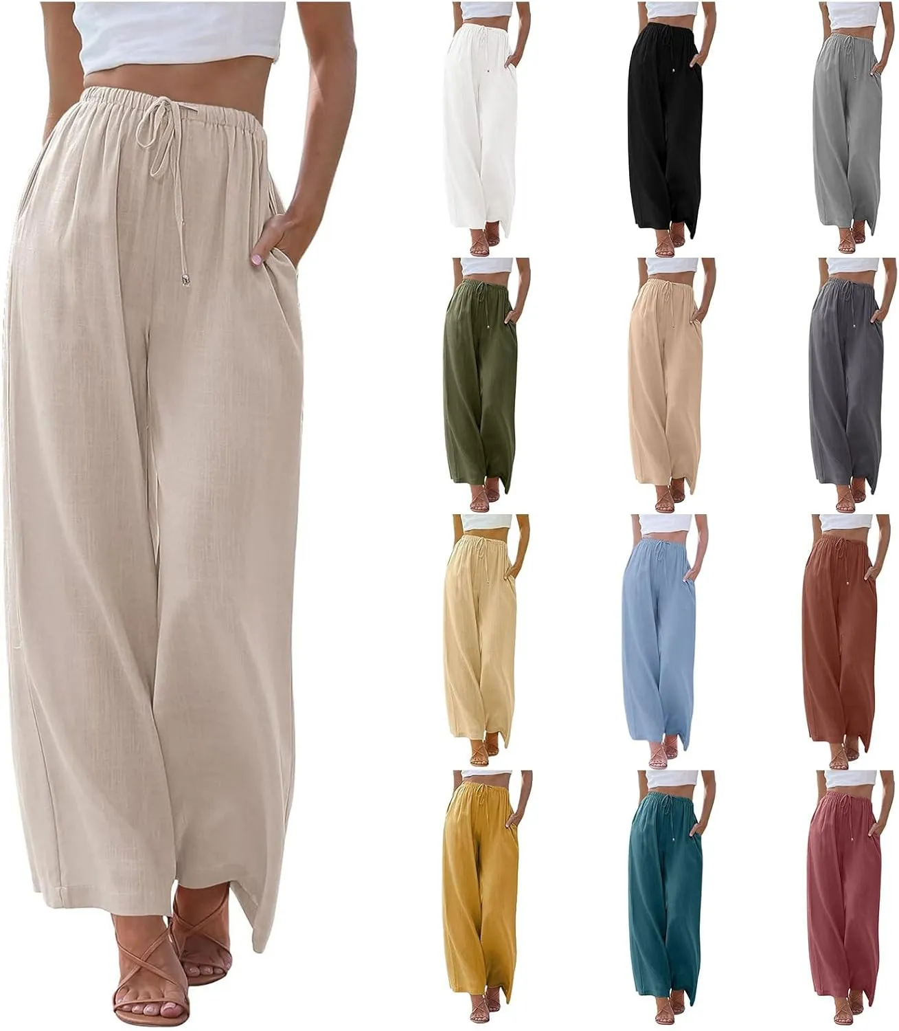 Womens Cotton Linen Palazzo Pants High Waisted Flowy Baggy Pants Drawstring Wide Leg Lounge Trousers with Pockets