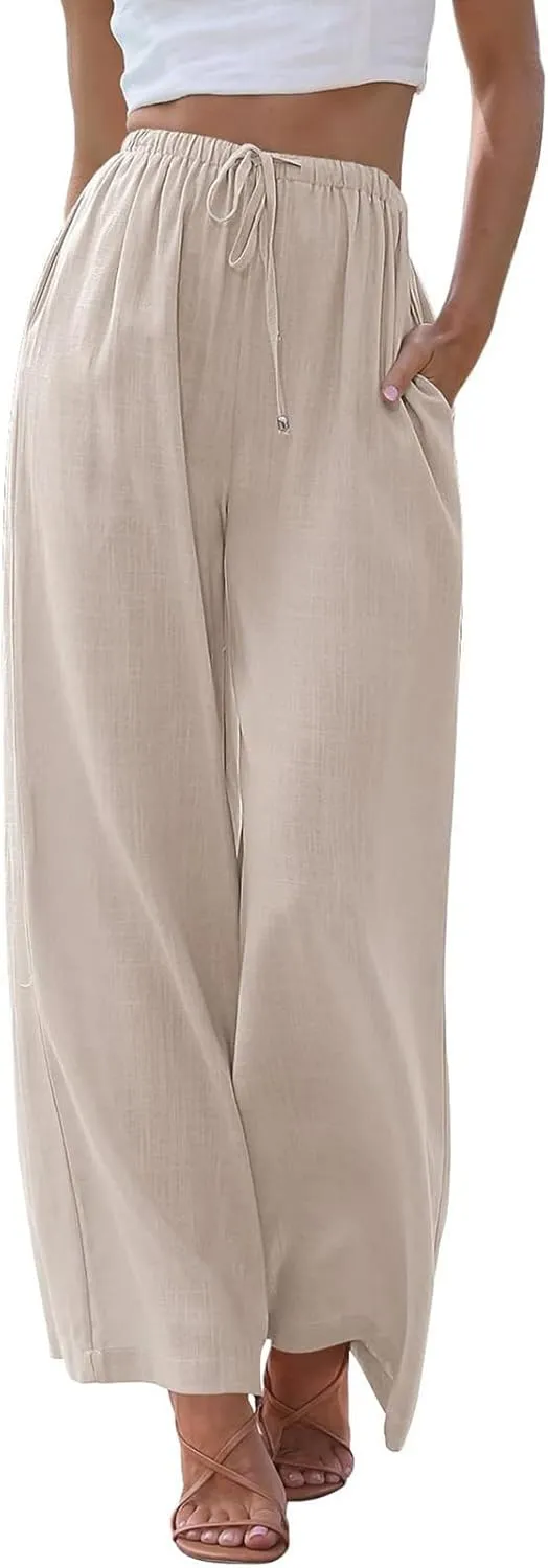 Womens Cotton Linen Palazzo Pants High Waisted Flowy Baggy Pants Drawstring Wide Leg Lounge Trousers with Pockets