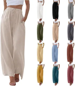 Womens Cotton Linen Palazzo Pants High Waisted Flowy Baggy Pants Drawstring Wide Leg Lounge Trousers with Pockets