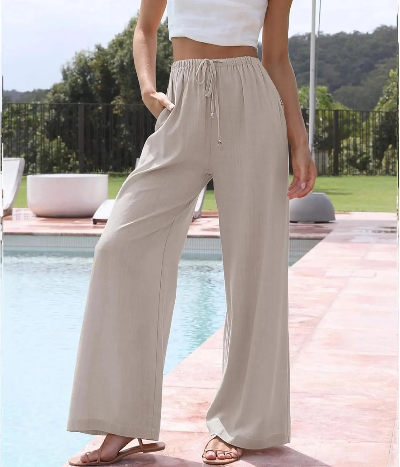 Womens Cotton Linen Palazzo Pants High Waisted Flowy Baggy Pants Drawstring Wide Leg Lounge Trousers with Pockets