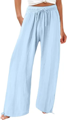 Womens Cotton Linen Pants Elastic High Waisted Beach Trousers Casual Lounge Boho Flowy Pants with Pockets