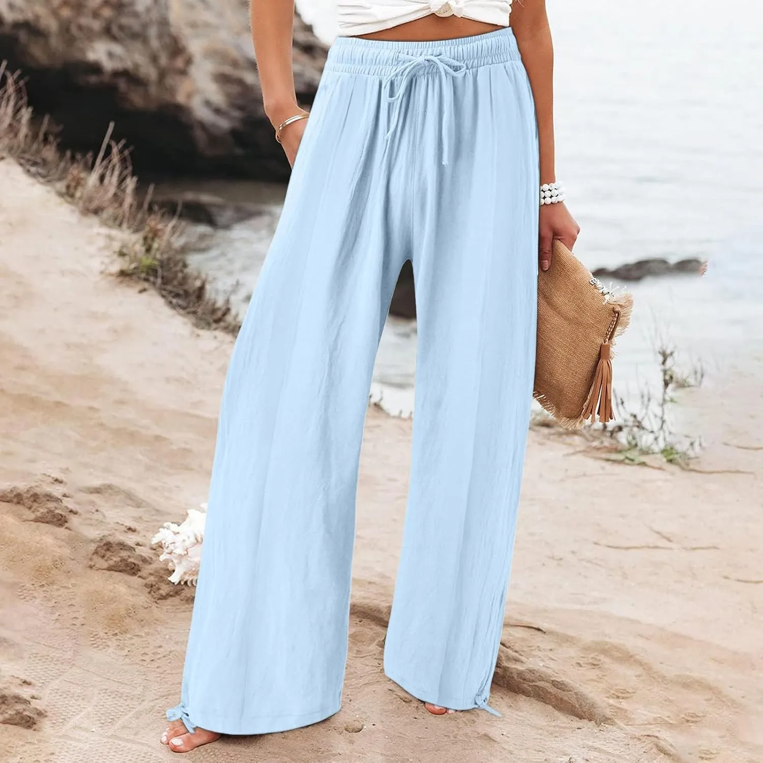 Womens Cotton Linen Pants Elastic High Waisted Beach Trousers Casual Lounge Boho Flowy Pants with Pockets