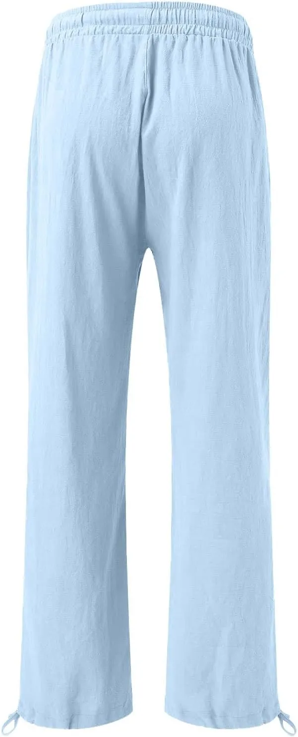 Womens Cotton Linen Pants Elastic High Waisted Beach Trousers Casual Lounge Boho Flowy Pants with Pockets