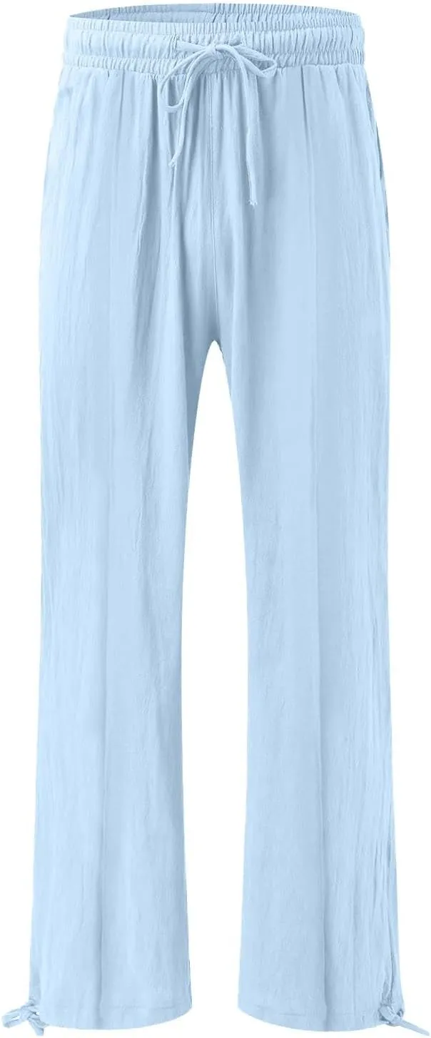 Womens Cotton Linen Pants Elastic High Waisted Beach Trousers Casual Lounge Boho Flowy Pants with Pockets