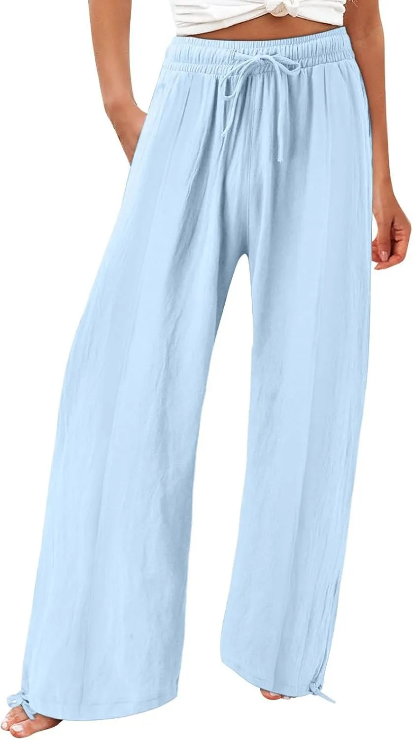 Womens Cotton Linen Pants Elastic High Waisted Beach Trousers Casual Lounge Boho Flowy Pants with Pockets
