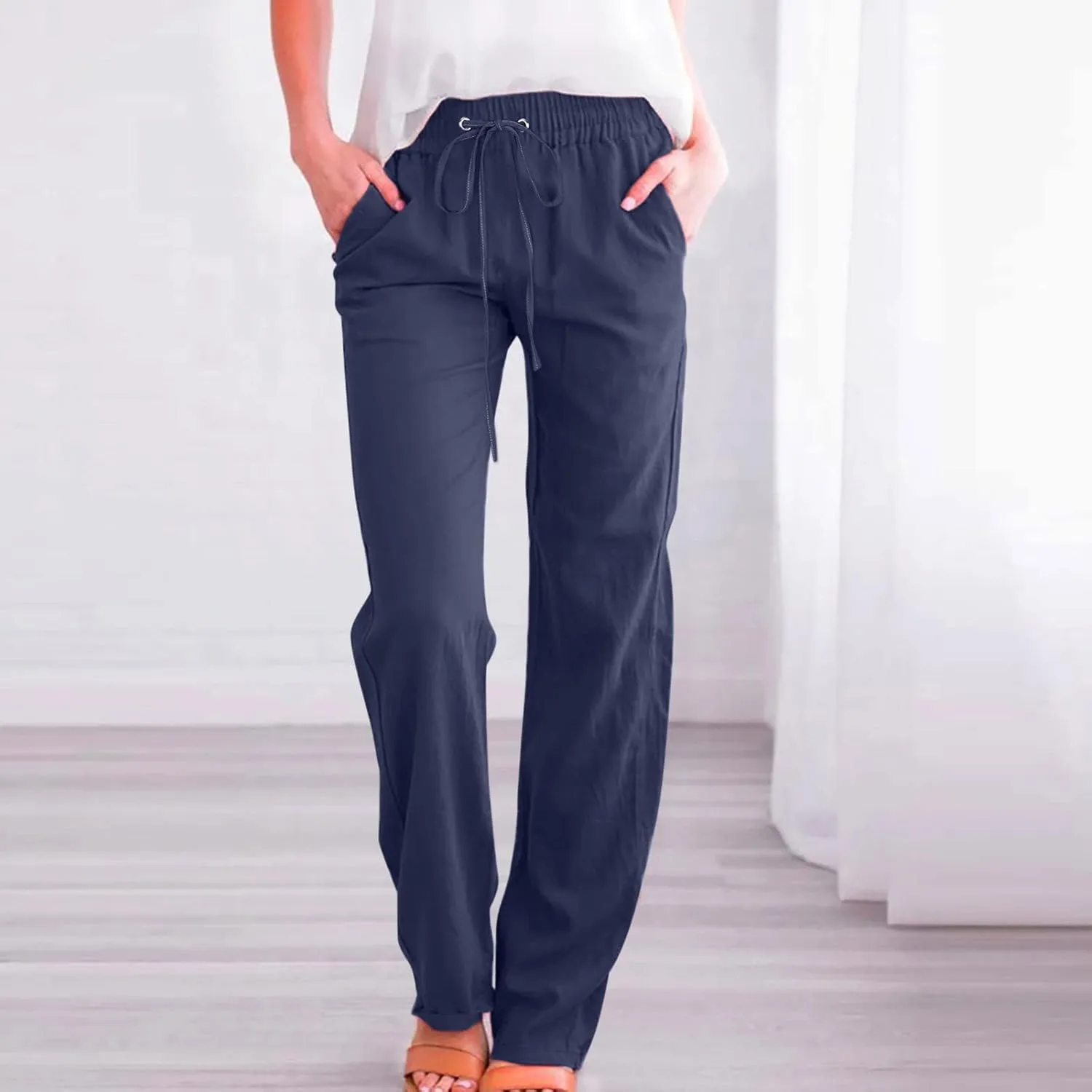 Womens Cotton Linen Pants Straight Leg Lounge Trousers High Waisted Casual Relaxed Fit Long Pant with Pocket