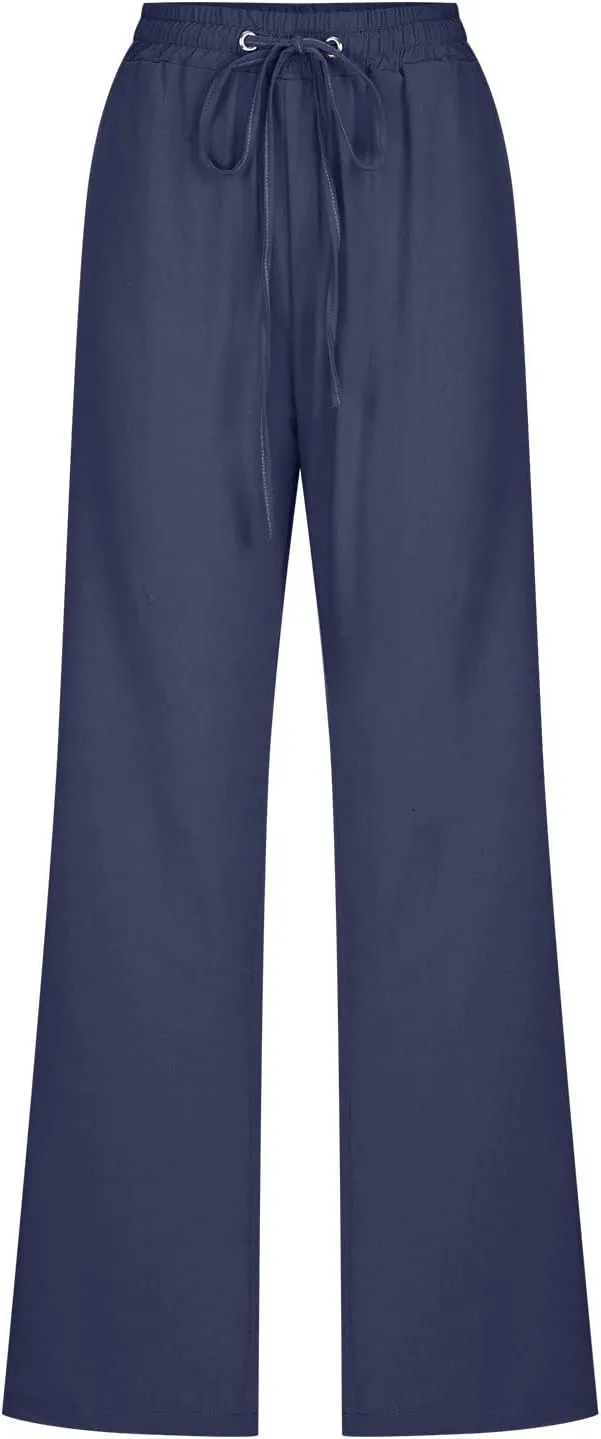 Womens Cotton Linen Pants Straight Leg Lounge Trousers High Waisted Casual Relaxed Fit Long Pant with Pocket