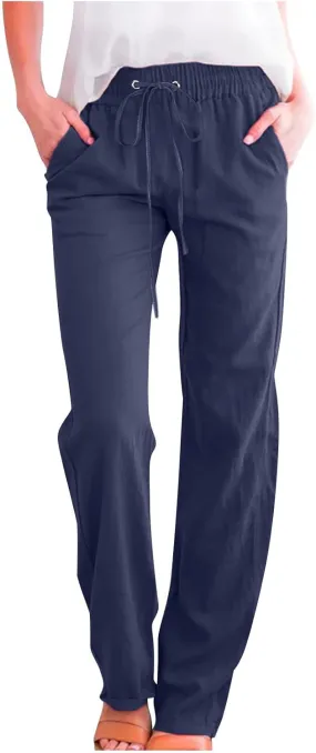 Womens Cotton Linen Pants Straight Leg Lounge Trousers High Waisted Casual Relaxed Fit Long Pant with Pocket