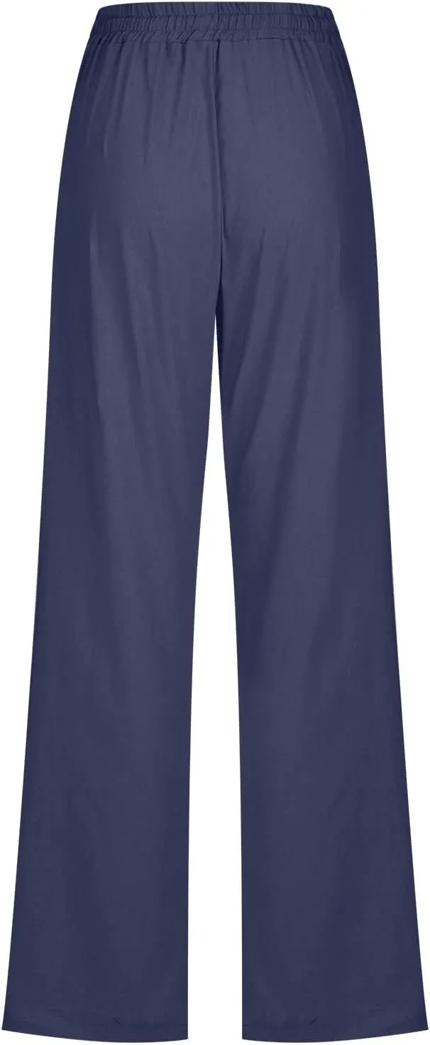 Womens Cotton Linen Pants Straight Leg Lounge Trousers High Waisted Casual Relaxed Fit Long Pant with Pocket