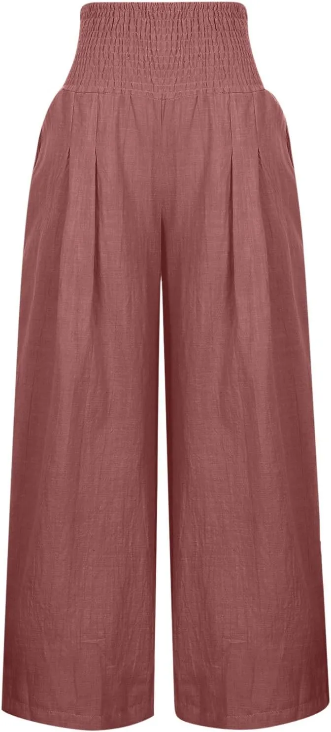 Womens Cotton Linen Pants Summer Wide Leg, High Waisted Palazzo Pants Plus Size, Dressy Casual Linen Pants Trousers