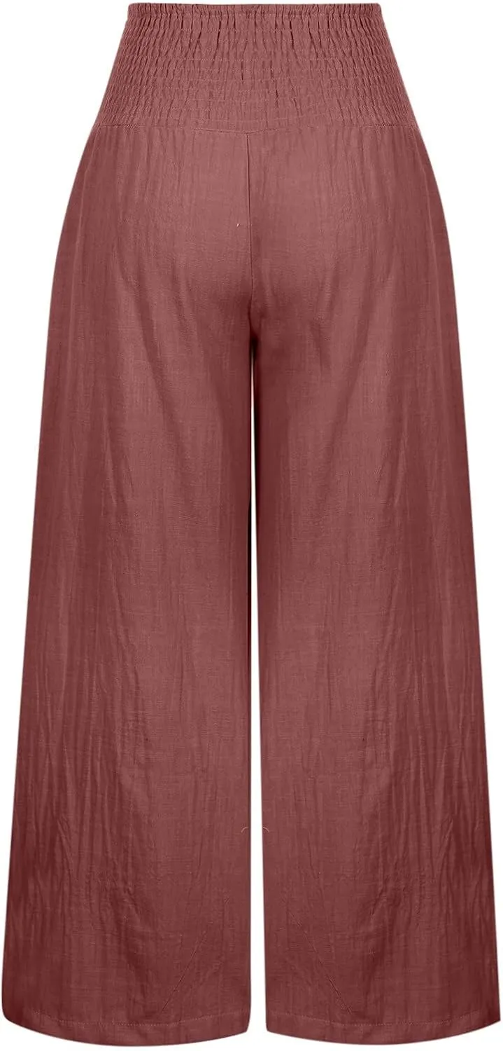 Womens Cotton Linen Pants Summer Wide Leg, High Waisted Palazzo Pants Plus Size, Dressy Casual Linen Pants Trousers