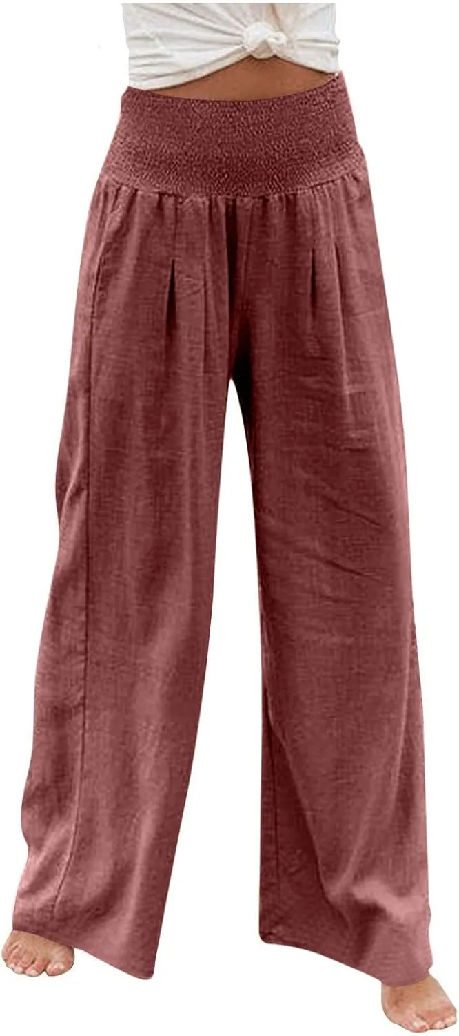 Womens Cotton Linen Pants Summer Wide Leg, High Waisted Palazzo Pants Plus Size, Dressy Casual Linen Pants Trousers